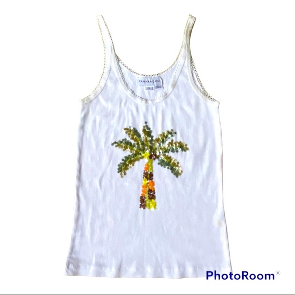 Tamara Catz Vintage 90s White Tank Top With Sequin Palm Tree Size - Small - Picture 1 of 6